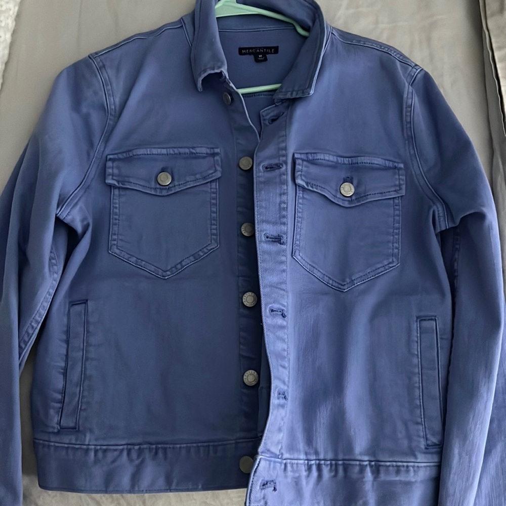 Blue , J Crew, size outlet M, never worn Jean jacket.